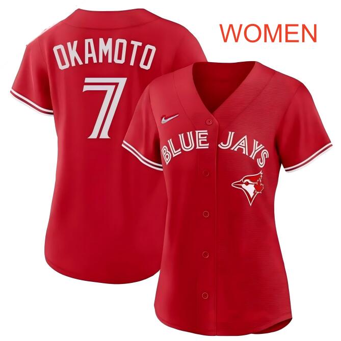 Women Toronto Blue Jays #7 Kazuma Okamoto Alternate Nike Red Canada Day Replica Stitche Jersey