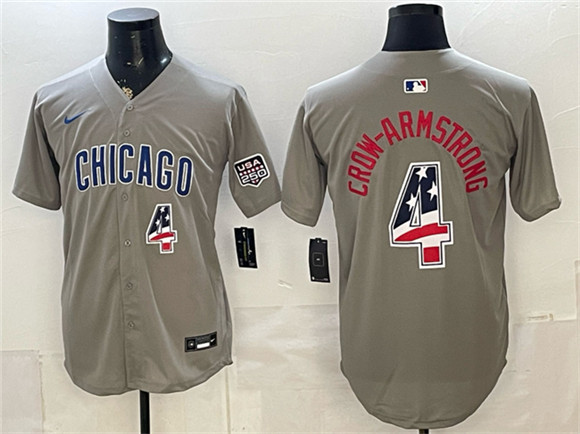 Men's Chicago Cubs #4 Pete Crow-Armstrong Gray 2026 USA 250 Fourth of July Stitched Baseball Jersey