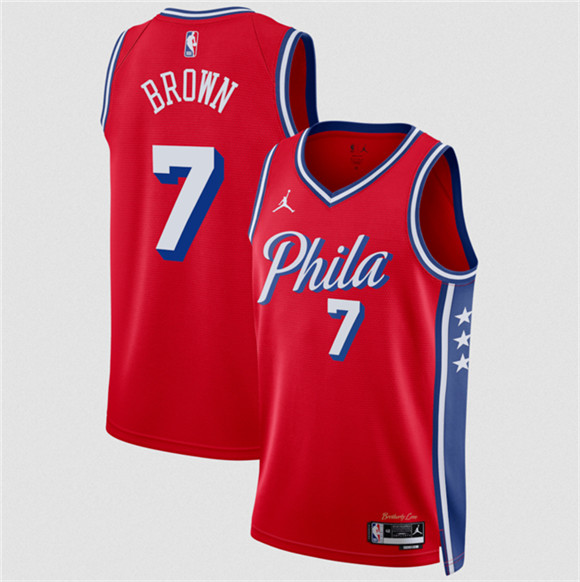 Men's Philadelphia 76ers #7 Jaylen Brown Red 2026 Statement Edition Stitched Jersey