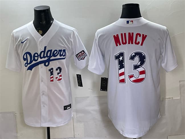 Men's Los Angeles Dodgers #13 Max Muncy White USA 250 Fourth of July Home Stitched Baseball Jersey