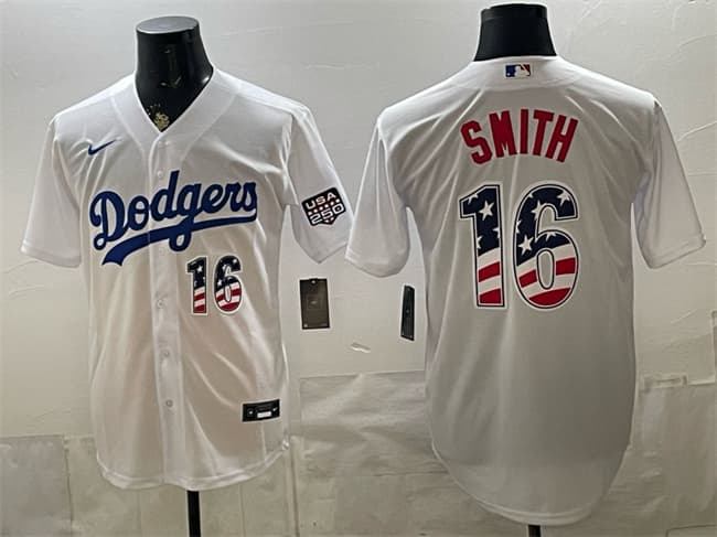 Men's Los Angeles Dodgers #16 Will Smith White USA 250 Fourth of July Home Stitched Baseball Jersey