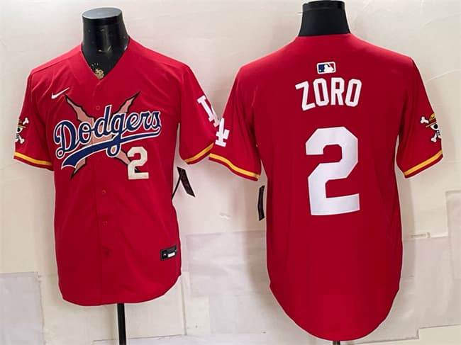 Men's Los Angeles Dodgers x One Piece #2 Zoro Red Vapor Premier Limited Stitched Baseball Jersey