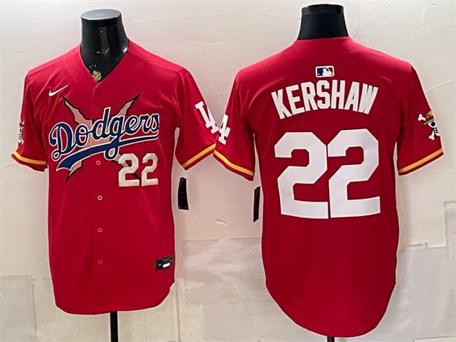 Men's Los Angeles Dodgers x One Piece #22 Clayton Kershaw Red Vapor Premier Limited Stitched Baseball Jersey