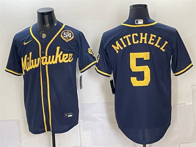 Men's Milwaukee Brewers #5 Garrett Mitchell Navy With Home & Bob Uecker Patch Limited Stitched Baseball Jersey
