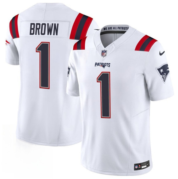 Men's New England Patriots #1 A.J. Brown White 2026 F.U.S.E. Vapor Limited Football Stitched Jersey