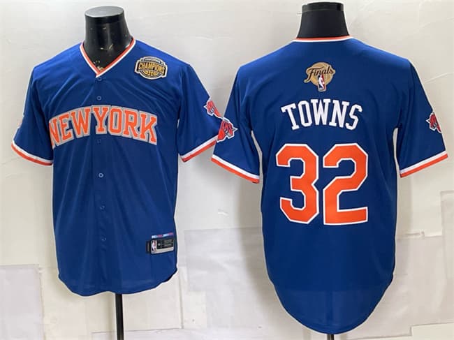 Men's New York Knicks #32 Karl-Anthony Towns Blue 2026 Finals & Eastern Conference Champions Patch Stitched Baseball Jersey