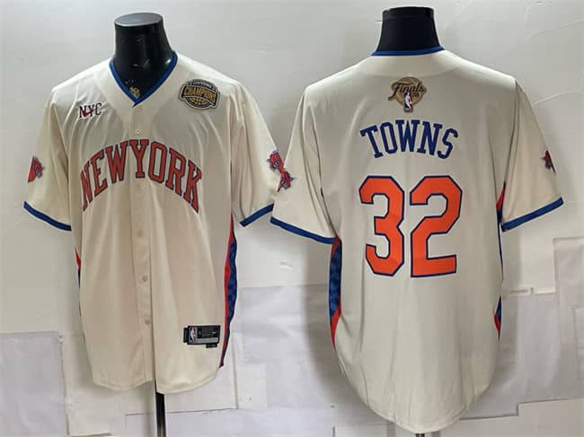 Men's New York Knicks #32 Karl-Anthony Towns Cream 2026 Finals & Eastern Conference Champions Patch Stitched Baseball Jersey