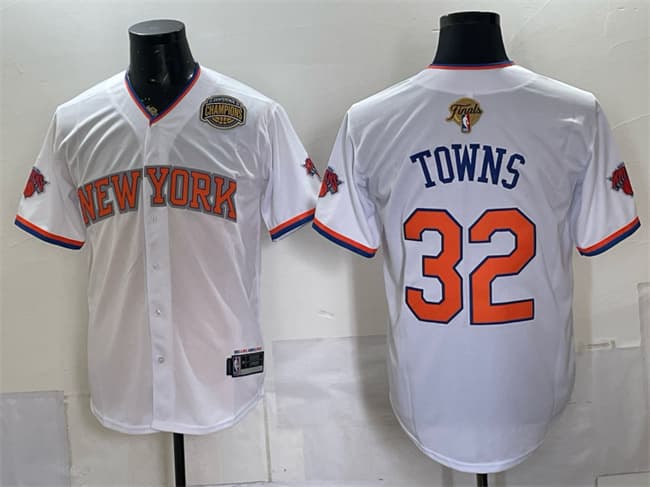 Men's New York Knicks #32 Karl-Anthony Towns White 2026 Finals & Eastern Conference Champions Patch Stitched Baseball Jersey