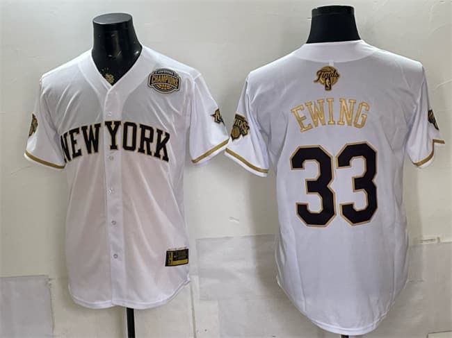 Men's New York Knicks #33 Patrick Ewing White Gold 2026 Finals & Eastern Conference Champions Patch Stitched Baseball Jersey