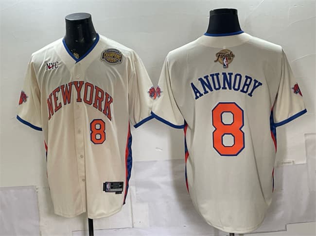 Men's New York Knicks #8 OG Anunoby Cream 2026 Finals & Eastern Conference Champions Patch Stitched Baseball Jersey
