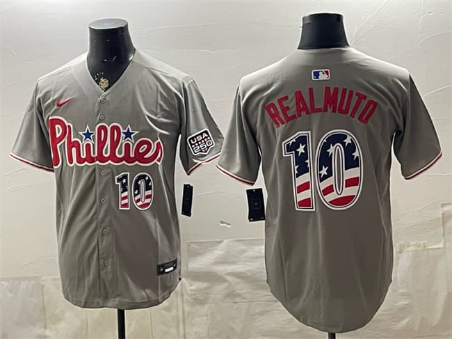 Men's Philadelphia Phillies #10 J.T. Realmuto Gray USA 250 Fourth of July Home Stitched Baseball Jersey