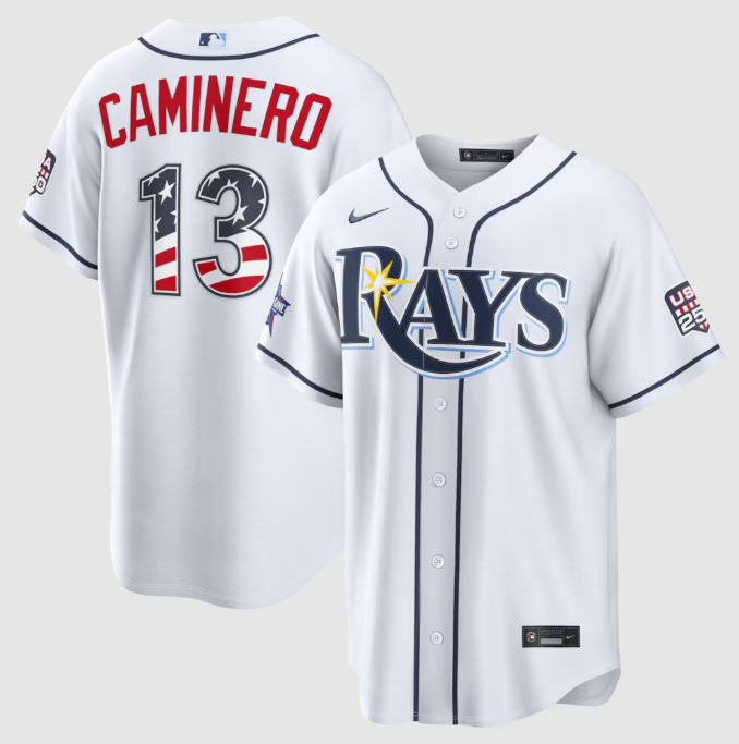 Men Tampa Bay Rays 13 Junior Caminero 2026 All-Star Edition Stars & Stripes 250th Nike White Stadium Jersey