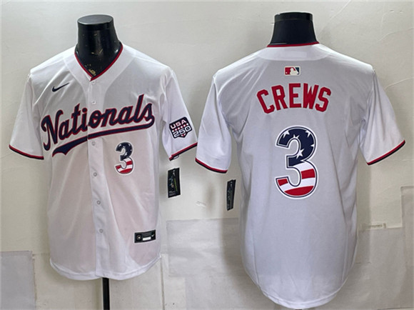 Men's Washington Nationals #3 Dylan Crews White USA 250 Fourth of July Home Stitched Baseball Jersey