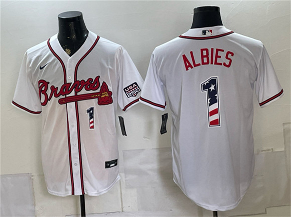 Men's Atlanta Braves #1 Ozzie Albies White USA 250 Fourth of July Home Stadium Stitched Baseball Jersey