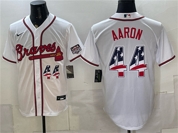 Men's Atlanta Braves #44 Hank Aaron White USA 250 Fourth of July Home Stadium Stitched Baseball Jersey
