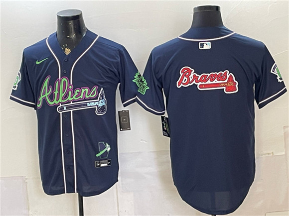 Men's Atlanta Braves Team Big Logo Navy Galaxy With Outkast Patch Vapor Limited Stitched Baseball Jersey
