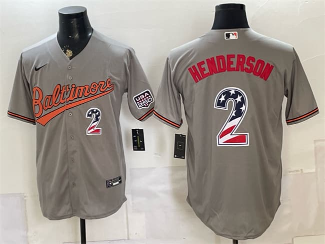 Men's Baltimore Orioles #2 Gunnar Henderson Gray USA 250 Fourth of July Home Stitched Baseball Jersey