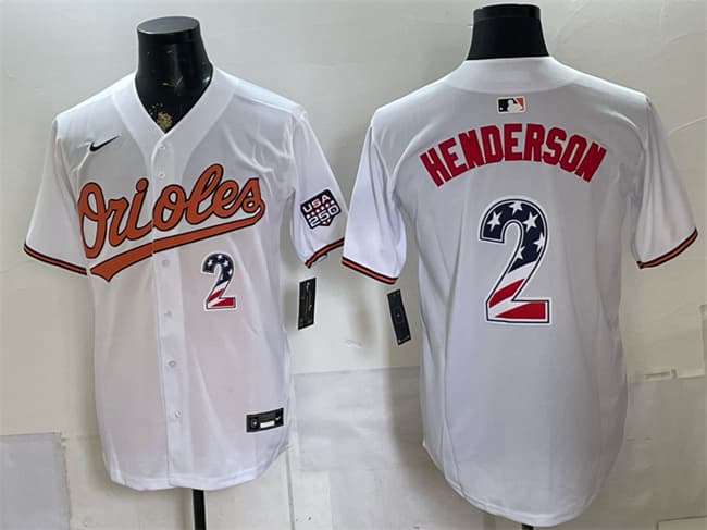 Men's Baltimore Orioles #2 Gunnar Henderson White USA 250 Fourth of July Home Stitched Baseball Jersey