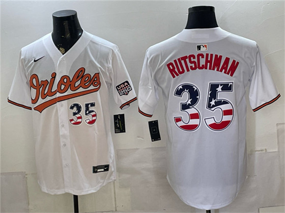 Men's Baltimore Orioles #35 Adley Rutschman White USA 250 Fourth of July Home Stitched Baseball Jersey