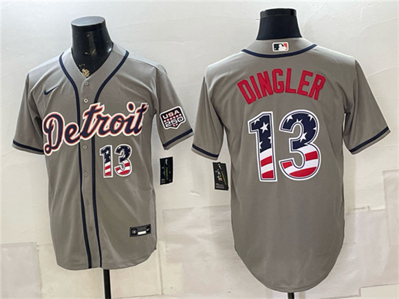 Men's Detroit Tigers #13 Dillon Dingler Gray 2026 USA 250 Fourth of July Stitched Baseball Jersey