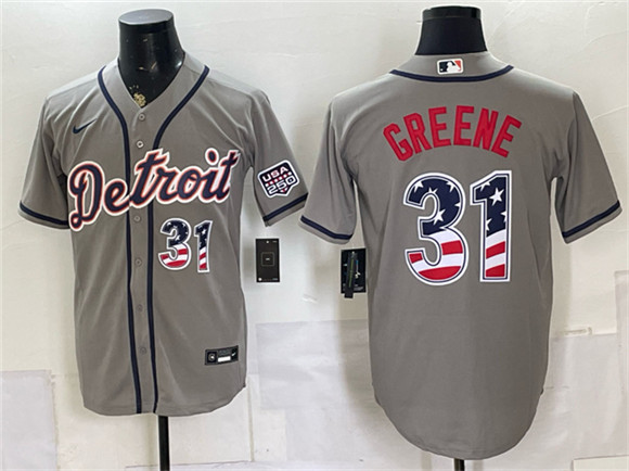 Men's Detroit Tigers #31 Riley Greene Gray 2026 USA 250 Fourth of July Stitched Baseball Jersey