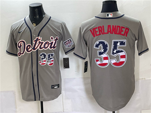 Men's Detroit Tigers #35 Justin Verlander Gray 2026 USA 250 Fourth of July Stitched Baseball Jersey