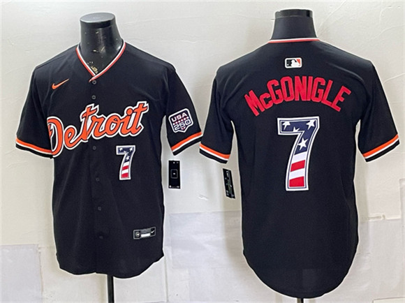 Men's Detroit Tigers #7 Kevin McGonigle Black 2026 USA 250 Fourth of July Stitched Baseball Jersey