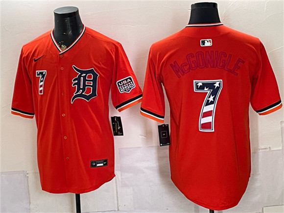 Men's Detroit Tigers #7 Kevin McGonigle Orange 2026 USA 250 Fourth of July Stitched Baseball Jersey