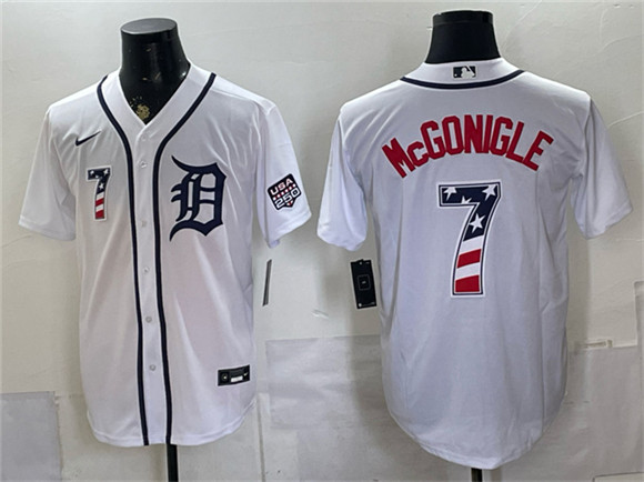 Men's Detroit Tigers #7 Kevin McGonigle White 2026 USA 250 Fourth of July Stitched Baseball Jersey