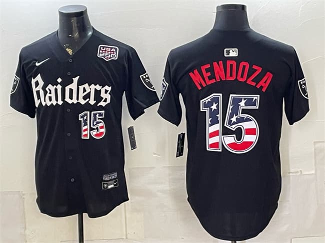 Men's Las Vegas Raiders #15 Fernando Mendoza Black USA 250 Fourth of July 'Gothic Sin City Shadows Edition' Vapor Limited Stitched Baseball Jersey