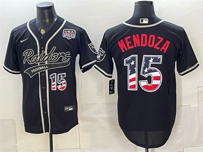 Men's Las Vegas Raiders #15 Fernando Mendoza Black USA 250 Fourth of July Vapor Limited Stitched Baseball Jersey