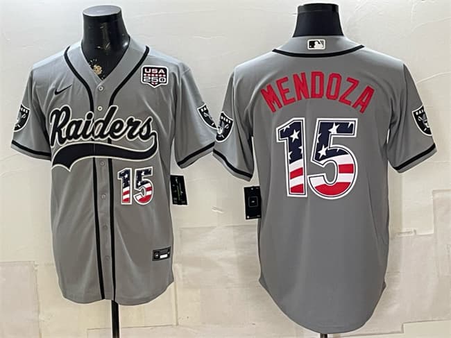 Men's Las Vegas Raiders #15 Fernando Mendoza Gray USA 250 Fourth of July Vapor Limited Stitched Baseball Jersey