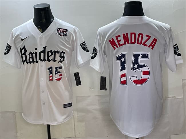 Men's Las Vegas Raiders #15 Fernando Mendoza White USA 250 Fourth of July 'Gothic Sin City Shadows Edition' Vapor Limited Stitched Baseball Jersey