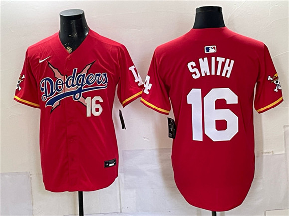 Men's Los Angeles Dodgers x One Piece #16 Will Smith Red Vapor Premier Limited Stitched Baseball Jersey