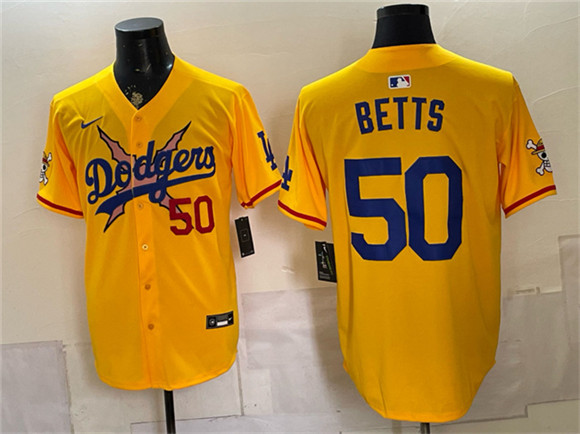 Men's Los Angeles Dodgers x One Piece #50 Mookie Betts Yellow Vapor Premier Limited Stitched Baseball Jersey