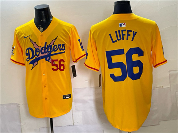 Men's Los Angeles Dodgers x One Piece #56 Luffy Yellow Vapor Premier Limited Stitched Baseball Jersey