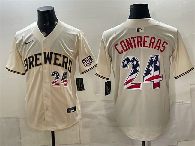 Men's Milwaukee Brewers #24 William Contreras Cream 2026 USA 250 Fourth of July Home Stadium Stitched Baseball Jersey