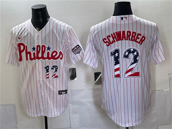 Men's Philadelphia Phillies #12 Kyle Schwarber White USA 250 Fourth of July Home Stitched Baseball Jersey