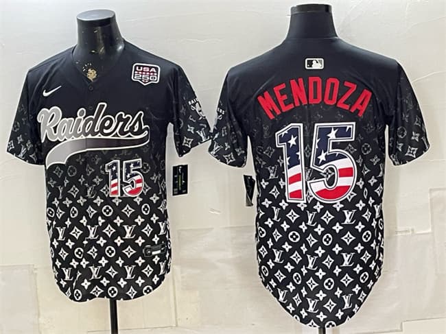 Mens Las Vegas Raiders #15 Fernando Mendoza Black USA 250 Fourth of July Vapor Limited Stitched Baseball Jersey