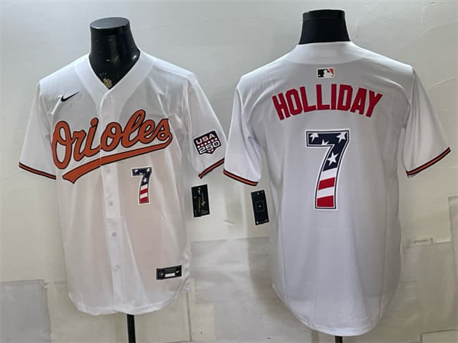 Men's Baltimore Orioles #7 Jackson Holliday White USA 250 Fourth of July Home Stitched Baseball Jersey