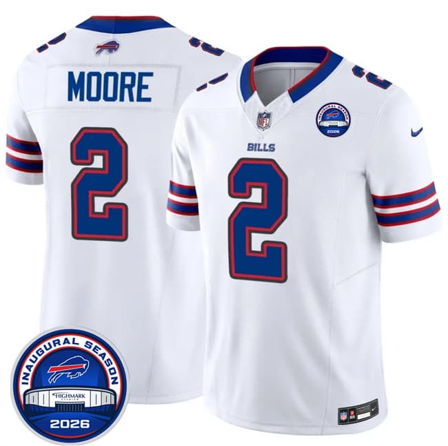Men's Buffalo Bills #2 D.J. Moore White F.U.S.E. 2026 Inaugural Season at Highmark Stadium Patch Football Stitched Jersey