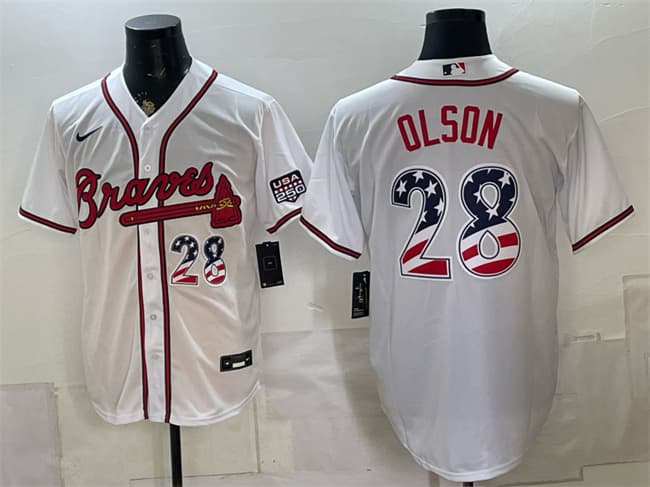 Men's Atlanta Braves #28 Matt Olson White USA 250 Fourth of July Home Stadium Stitched Baseball Jersey