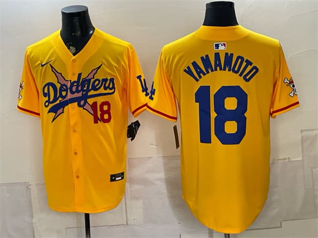 Men's Los Angeles Dodgers x One Piece #18 Yoshinobu Yamamoto Yellow Vapor Premier Limited Stitched Baseball Jersey