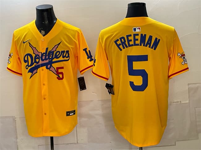 Men's Los Angeles Dodgers x One Piece #5 Freddie Freeman Yellow Vapor Premier Limited Stitched Baseball Jersey