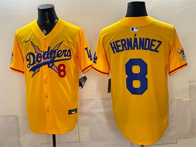 Men's Los Angeles Dodgers x One Piece #8 Enrique Hernández Yellow Vapor Premier Limited Stitched Baseball Jersey