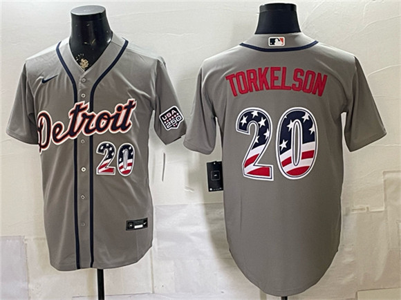 Men's Detroit Tigers #20 Spencer Torkelson Gray 2026 USA 250 Fourth of July Stitched Baseball Jersey