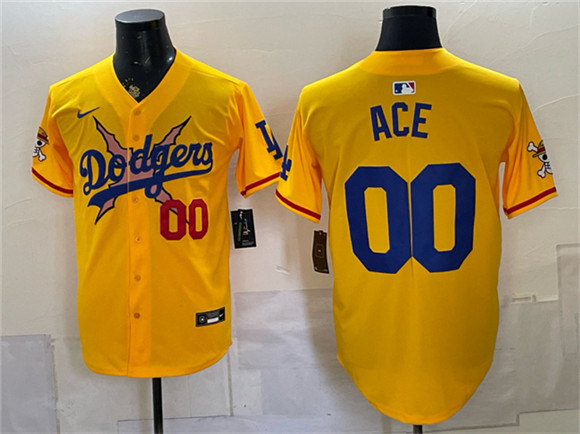 Men's Los Angeles Dodgers x One Piece #00 Ace Yellow Vapor Premier Limited Stitched Baseball Jersey