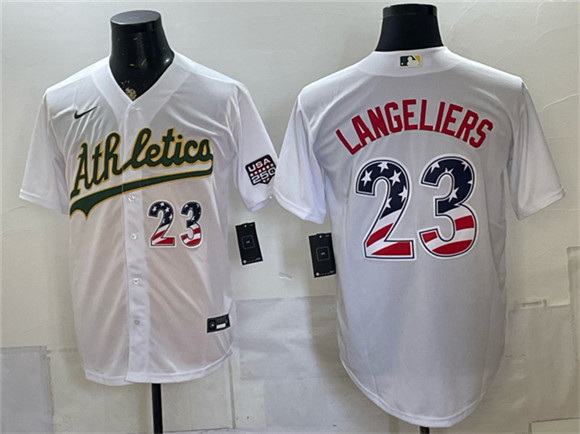 Men's Oakland Athletics #23 Shea Langeliers White 250 Fourth of July Home Stadium Stitched Baseball Jersey