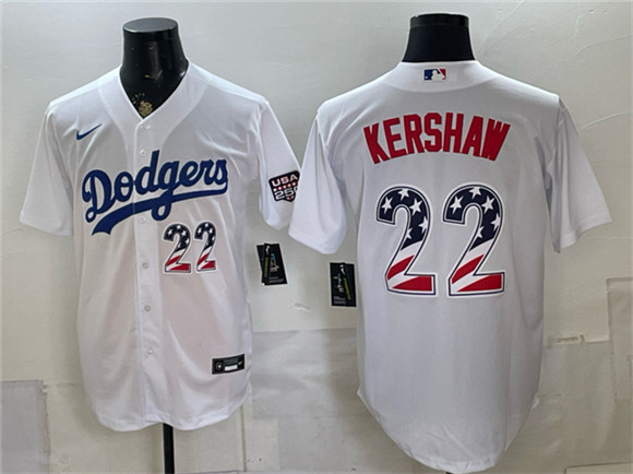 Men's Los Angeles Dodgers #22 Clayton Kershaw White USA 250 Fourth of July Home Stitched Baseball Jersey