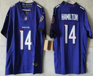 Women's Baltimore Ravens #14 Kyle Hamilton Limited Purple Vapor FUSE Jersey